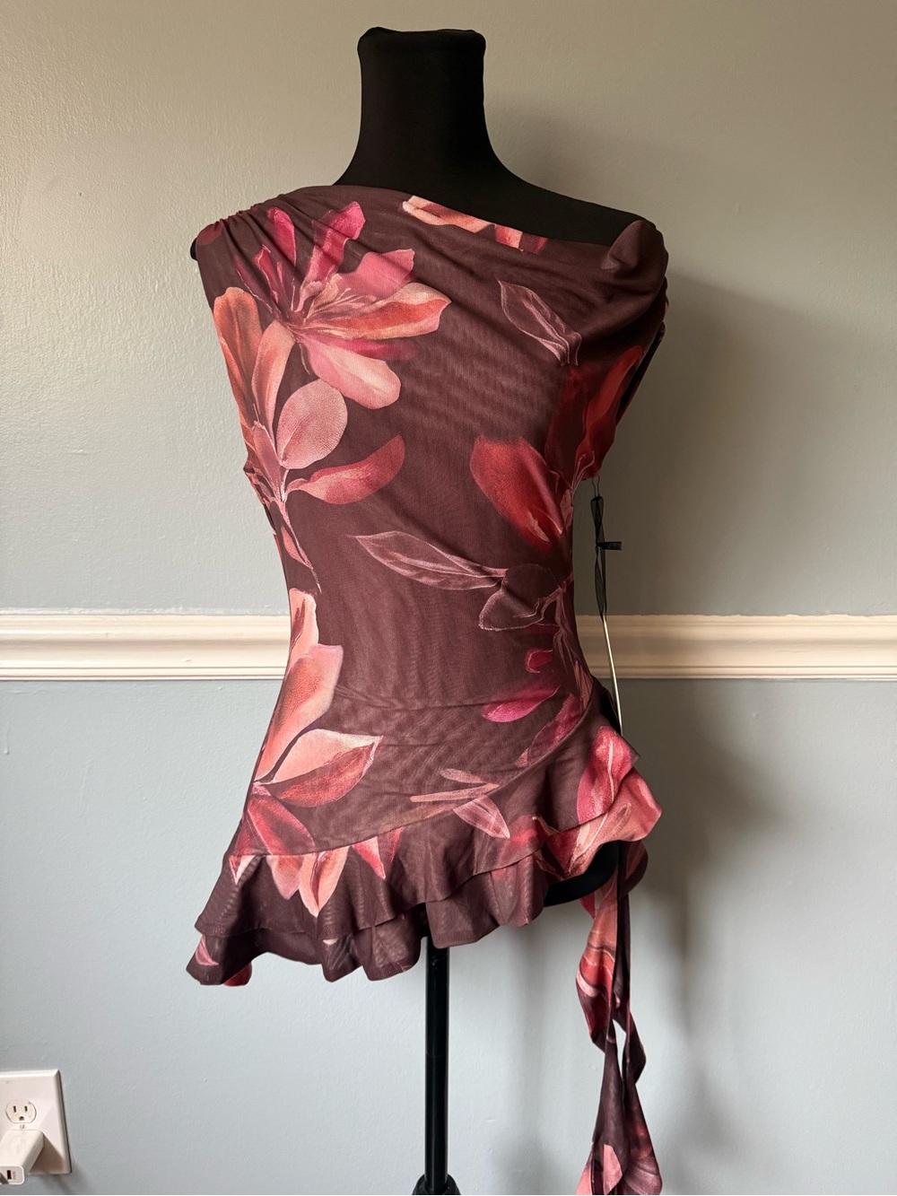 Floral Ruffled One-Shoulder Blouse in Burgundy and Pink